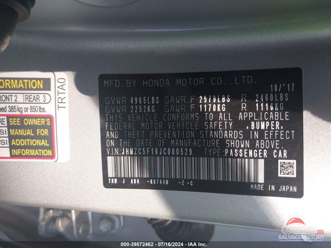 JHMZC5F16JC000529 2018 HONDA CLARITY PLUG-IN HYBRID photo no. 9