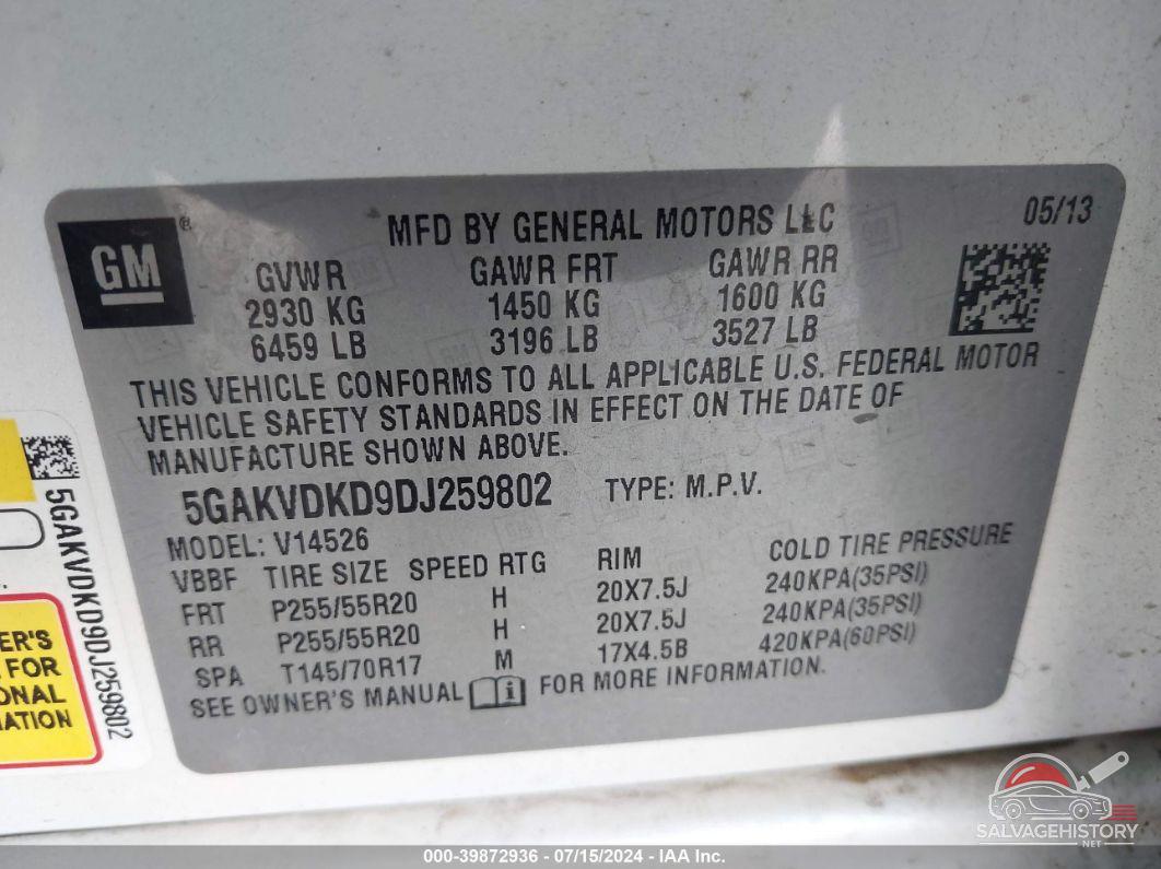 5GAKVDKD9DJ259802 2013 BUICK ENCLAVE photo no. 9