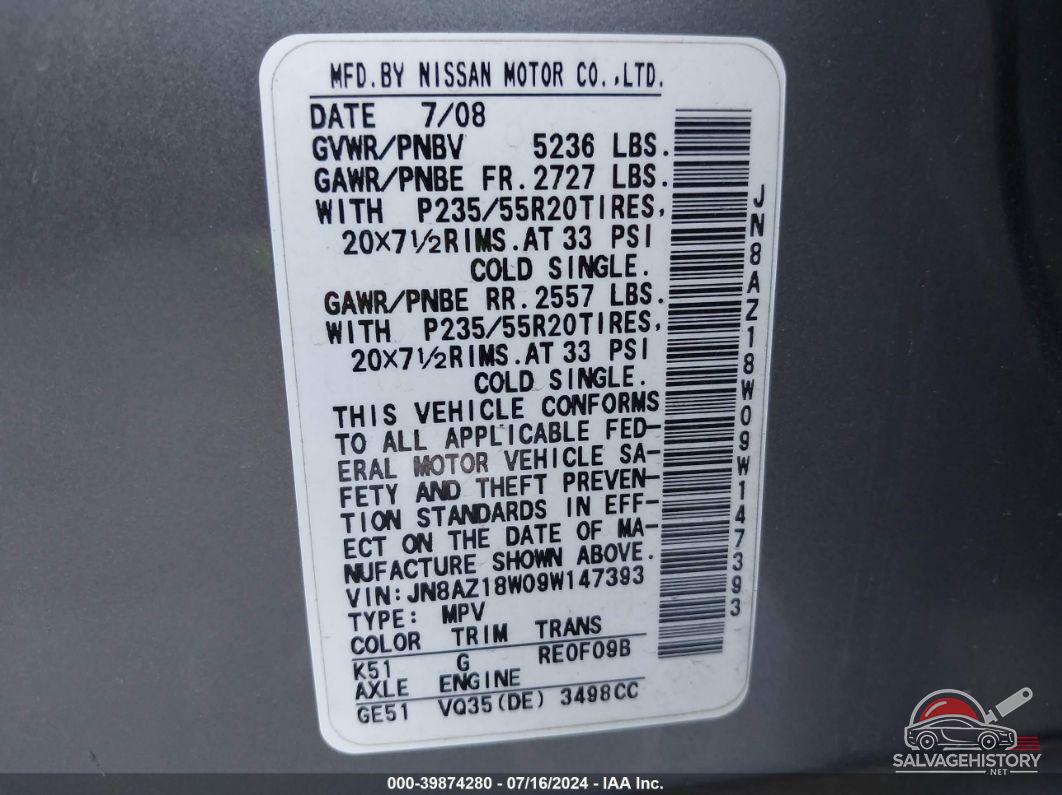 JN8AZ18W09W147393 2009 NISSAN MURANO photo no. 9