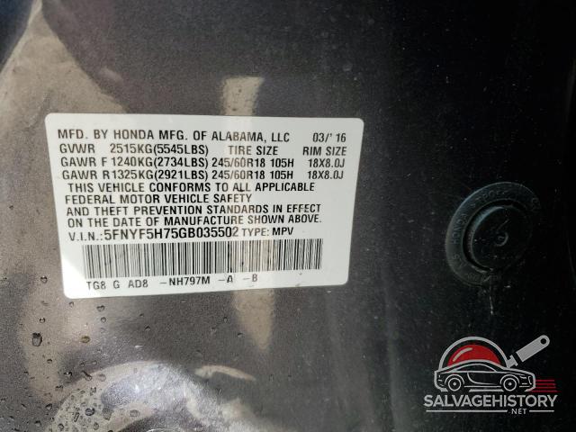5FNYF5H75GB035502 2016 HONDA PILOT photo no. 14