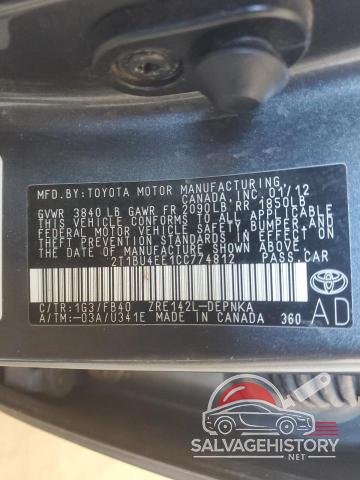 2T1BU4EE1CC774812 2012 TOYOTA COROLLA photo no. 12