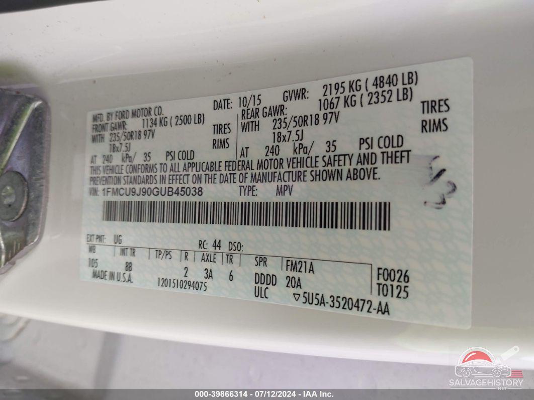 1FMCU9J90GUB45038 2016 FORD ESCAPE photo no. 9