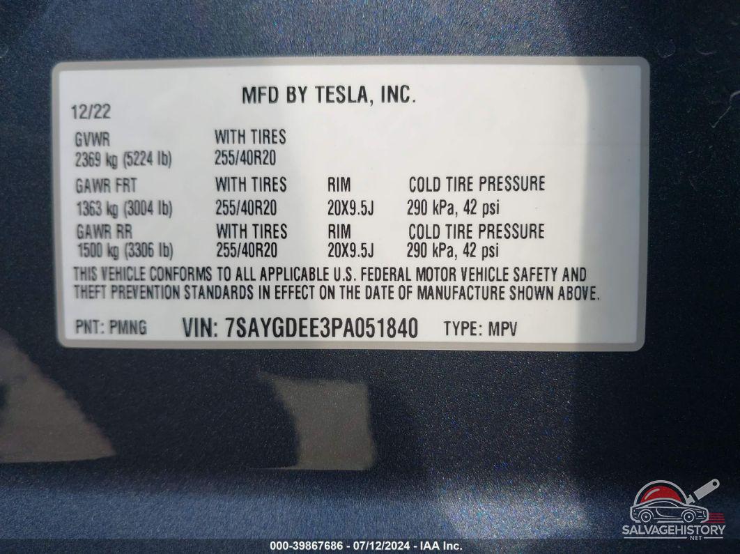 7SAYGDEE3PA051840 2023 TESLA MODEL Y photo no. 9