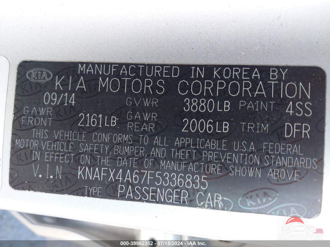 KNAFX4A67F5336835 2015 KIA FORTE photo no. 9