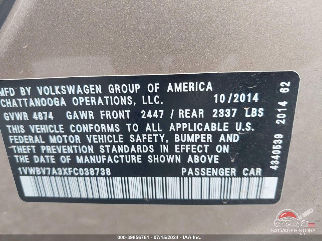1VWBV7A3XFC038738 2015 VOLKSWAGEN PASSAT photo no. 9