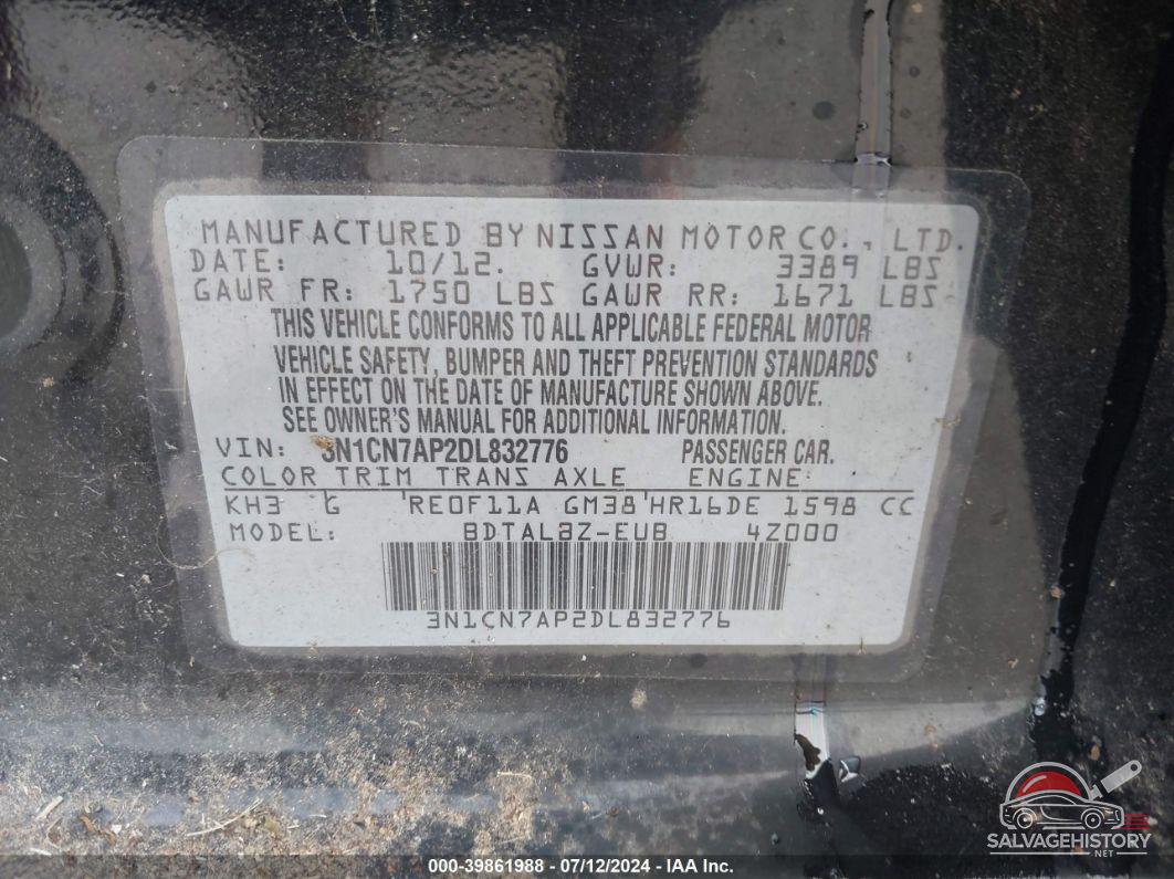 3N1CN7AP2DL832776 2013 NISSAN VERSA photo no. 9