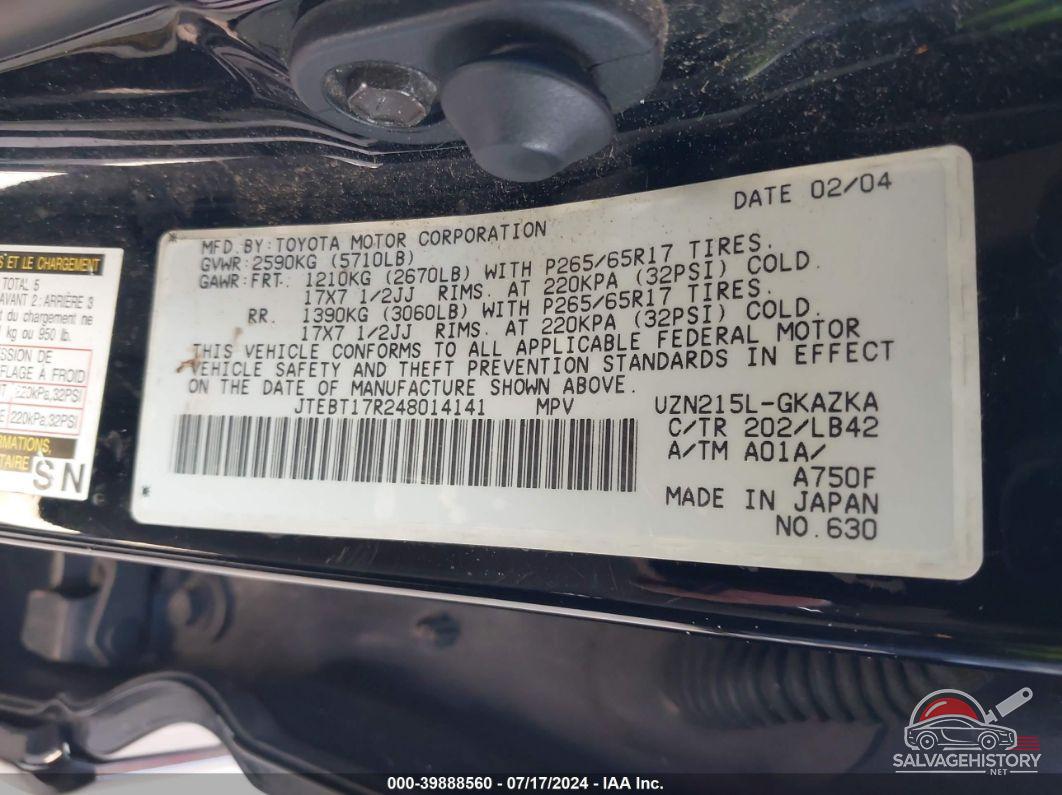 JTEBT17R248014141 2004 TOYOTA 4RUNNER photo no. 9