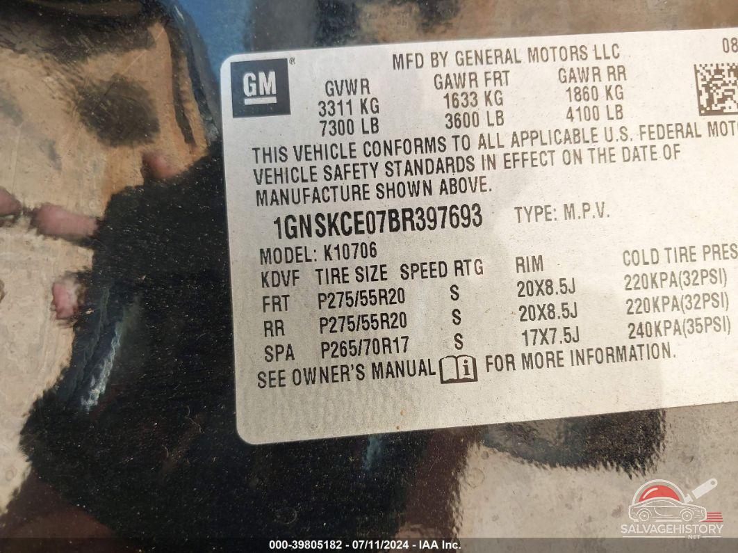 1GNSKCE07BR397693 2011 CHEVROLET TAHOE photo no. 9