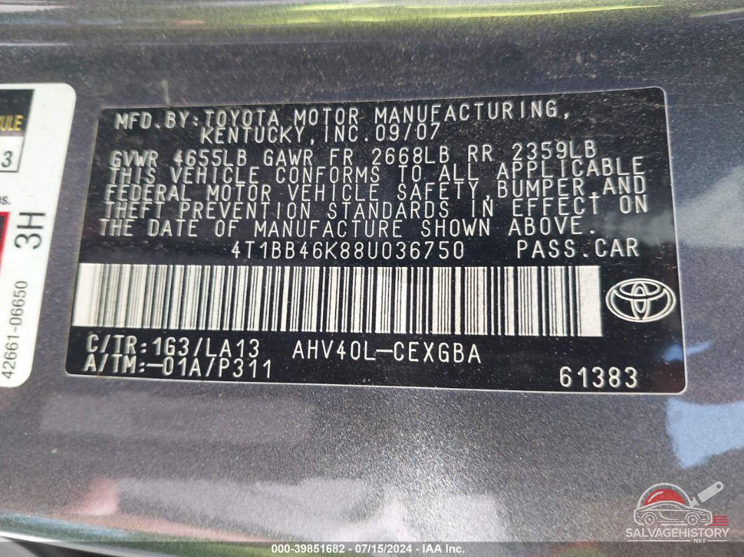 4T1BB46K88U036750 2008 TOYOTA CAMRY HYBRID photo no. 9