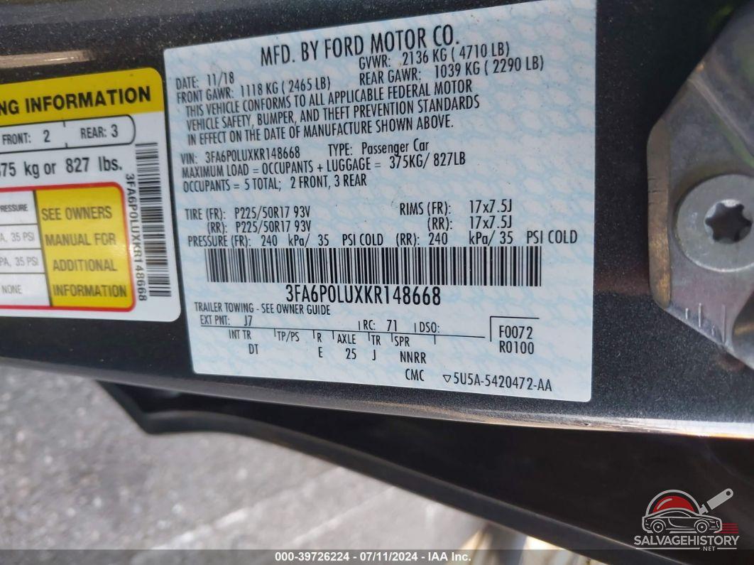 3FA6P0LUXKR148668 2019 FORD FUSION photo no. 9