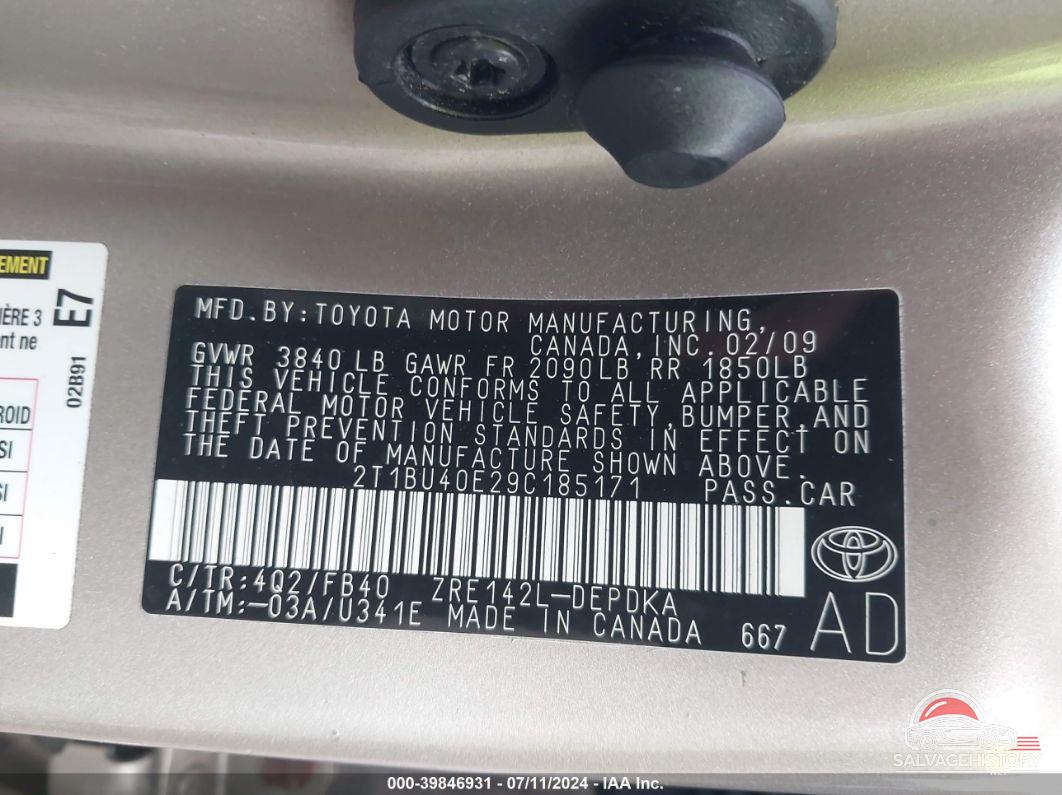 2T1BU40E29C185171 2009 TOYOTA COROLLA photo no. 9