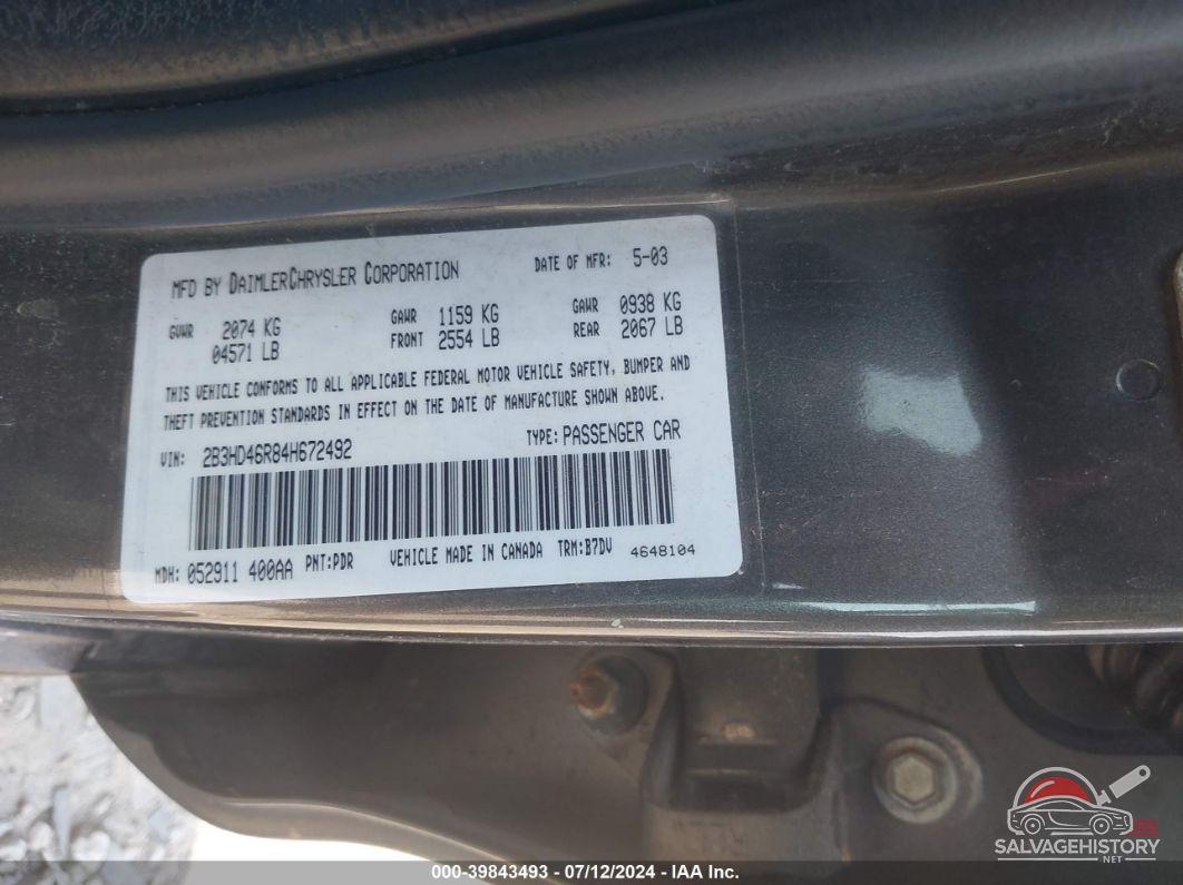2B3HD46R84H672492 2004 DODGE INTREPID photo no. 9