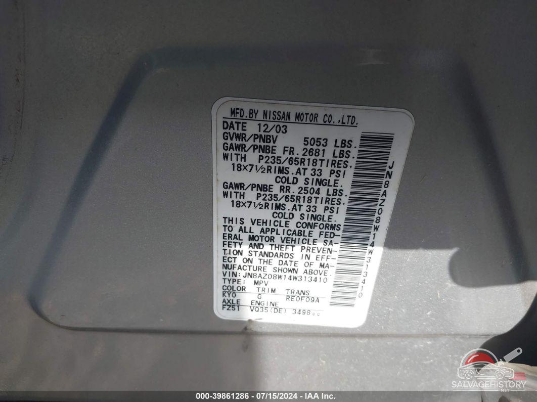JN8AZ08W14W313410 2004 NISSAN MURANO photo no. 9
