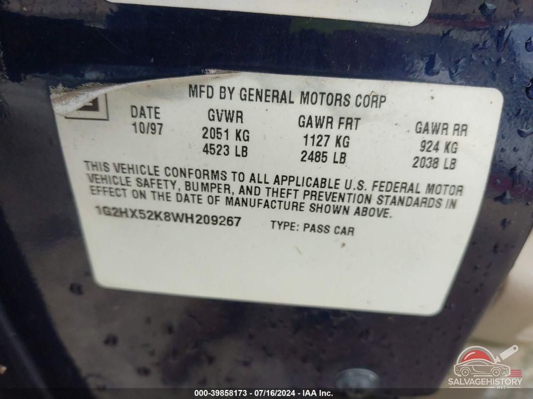 1G2HX52K8WH209267 1998 PONTIAC BONNEVILLE photo no. 9