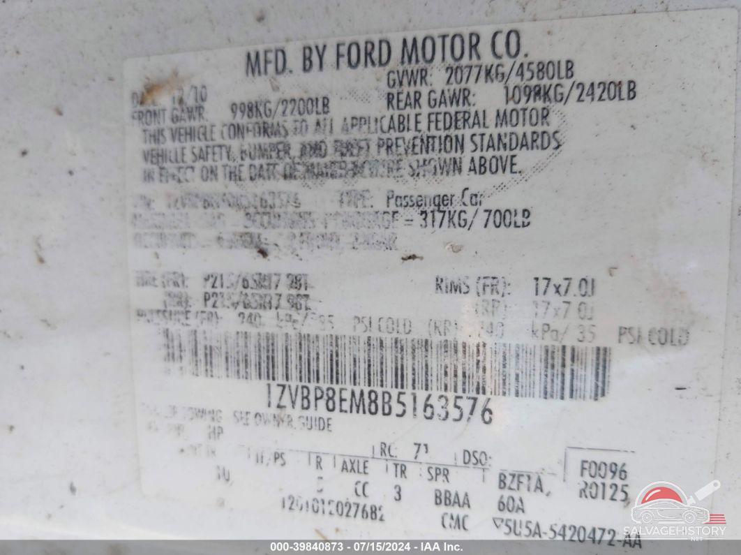 1ZVBP8EM8B5163576 2011 FORD MUSTANG photo no. 9