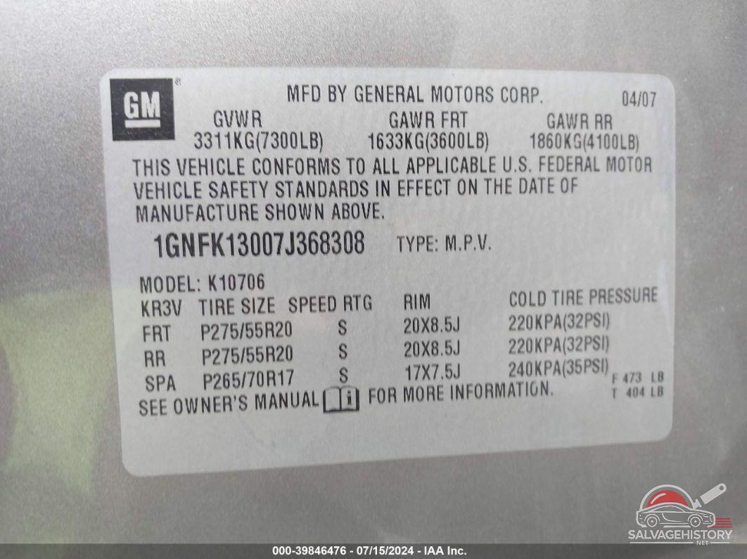 1GNFK13007J368308 2007 CHEVROLET TAHOE photo no. 9