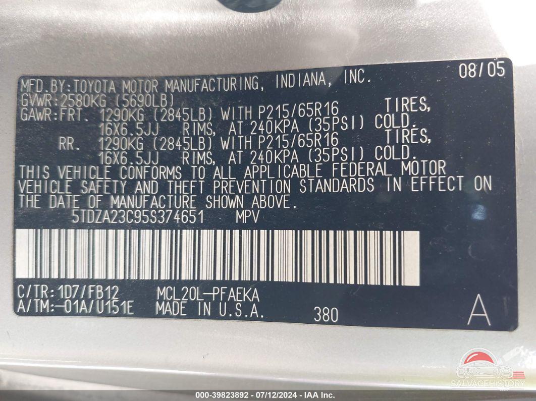 5TDZA23C95S374651 2005 TOYOTA SIENNA photo no. 9