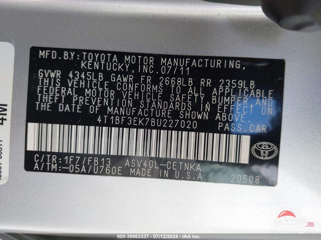 4T1BF3EK7BU227020 2011 TOYOTA CAMRY photo no. 9