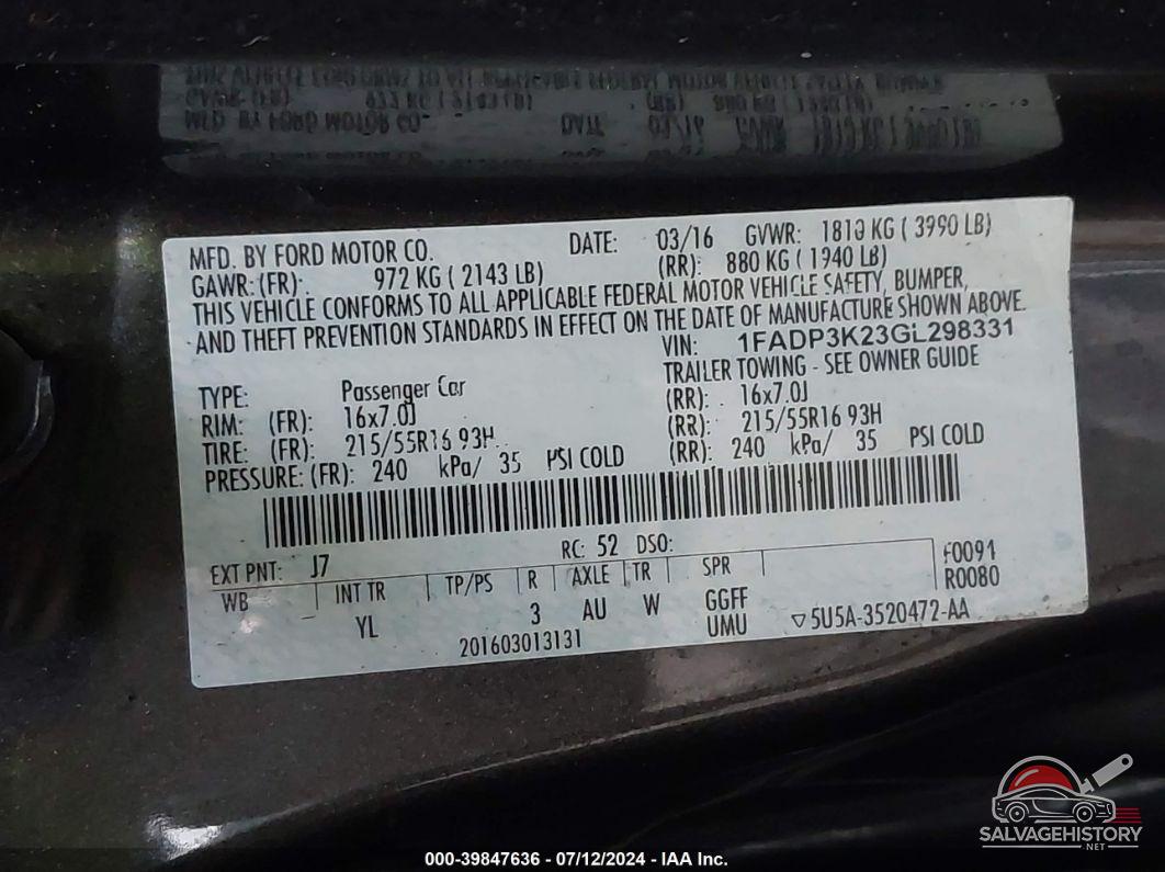 1FADP3K23GL298331 2016 FORD FOCUS photo no. 9