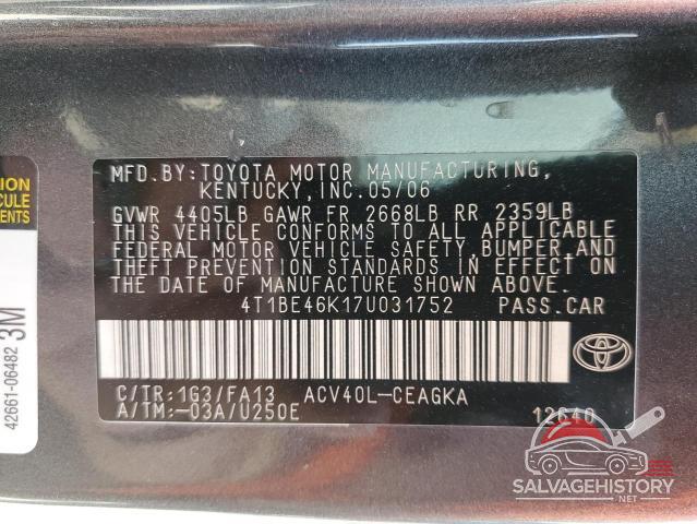 4T1BE46K17U031752 2007 TOYOTA CAMRY photo no. 12