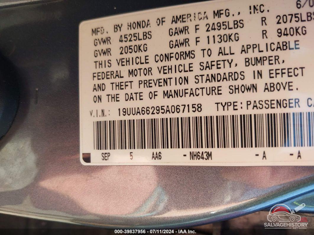 19UUA66295A067158 2005 ACURA TL photo no. 9