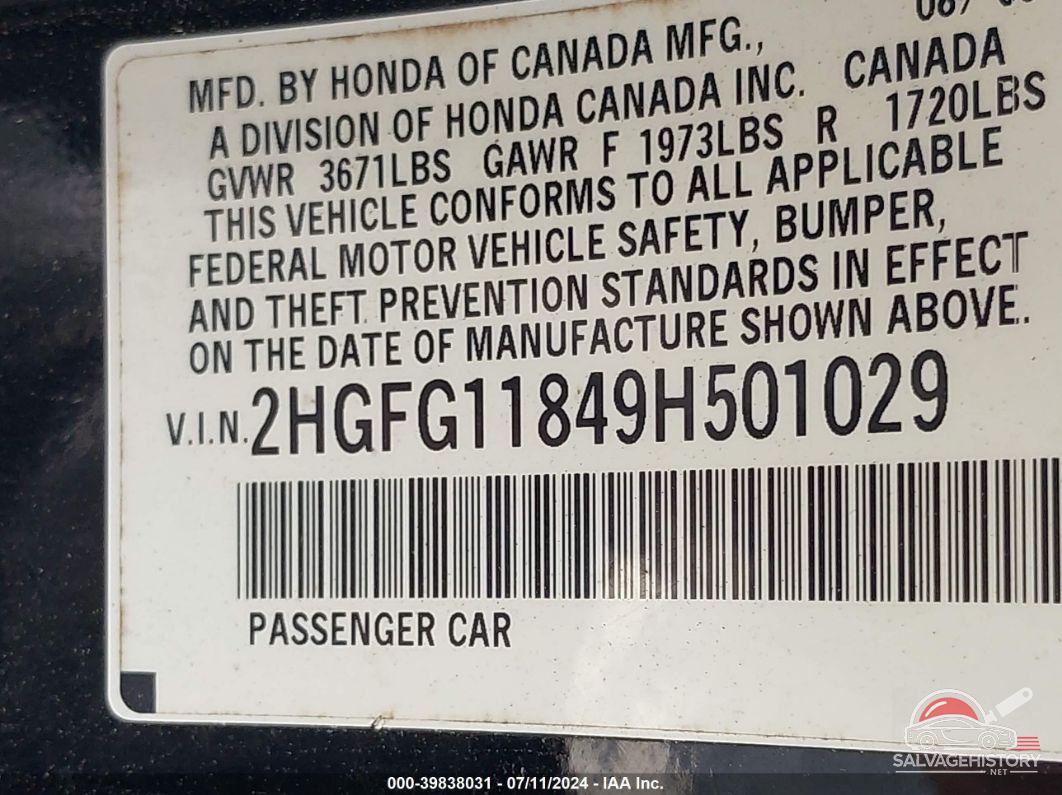 2HGFG11849H501029 2009 HONDA CIVIC photo no. 9