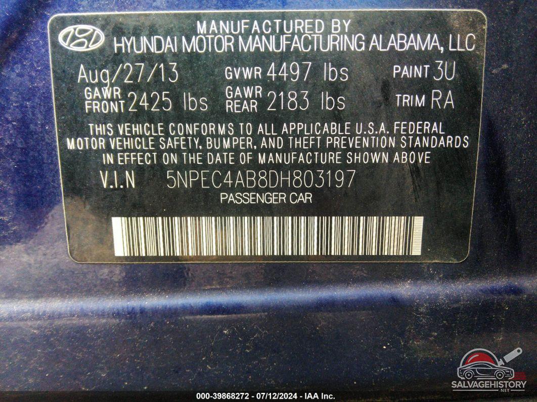 5NPEC4AB8DH803197 2013 HYUNDAI SONATA photo no. 9