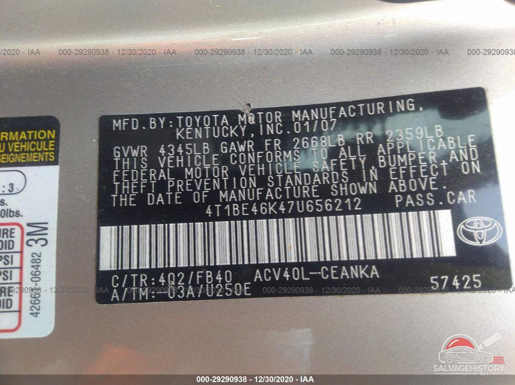 4T1BE46K47U656212 2007 TOYOTA CAMRY photo no. 9