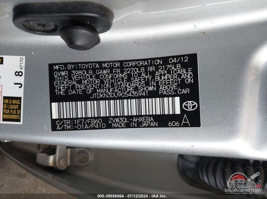 JTDKN3DU9C5435941 2012 TOYOTA PRIUS photo no. 9