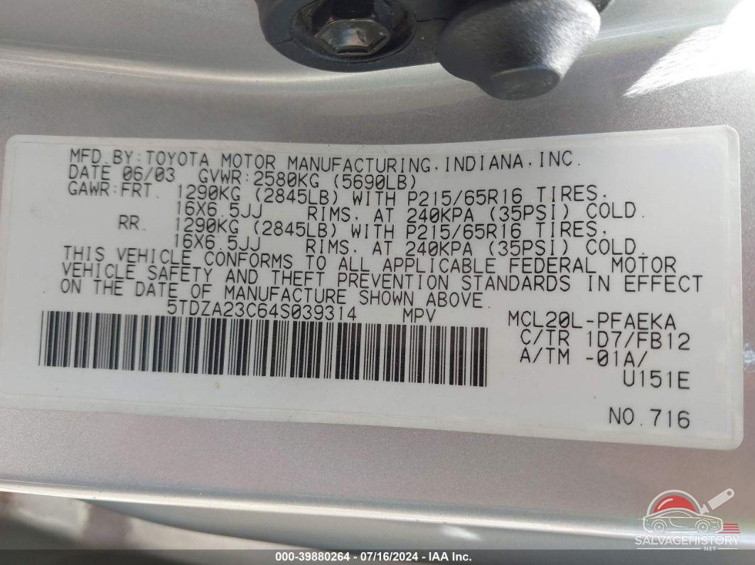 5TDZA23C64S039314 2004 TOYOTA SIENNA photo no. 9
