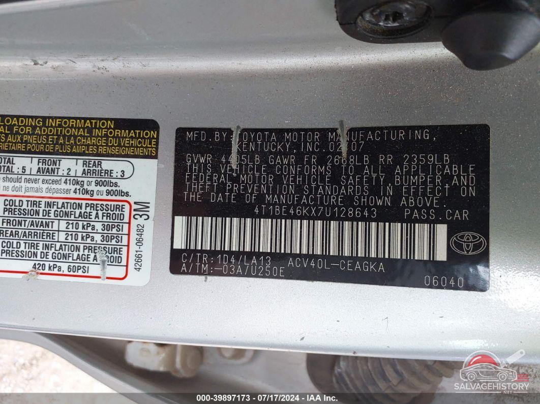 4T1BE46KX7U128643 2007 TOYOTA CAMRY photo no. 9