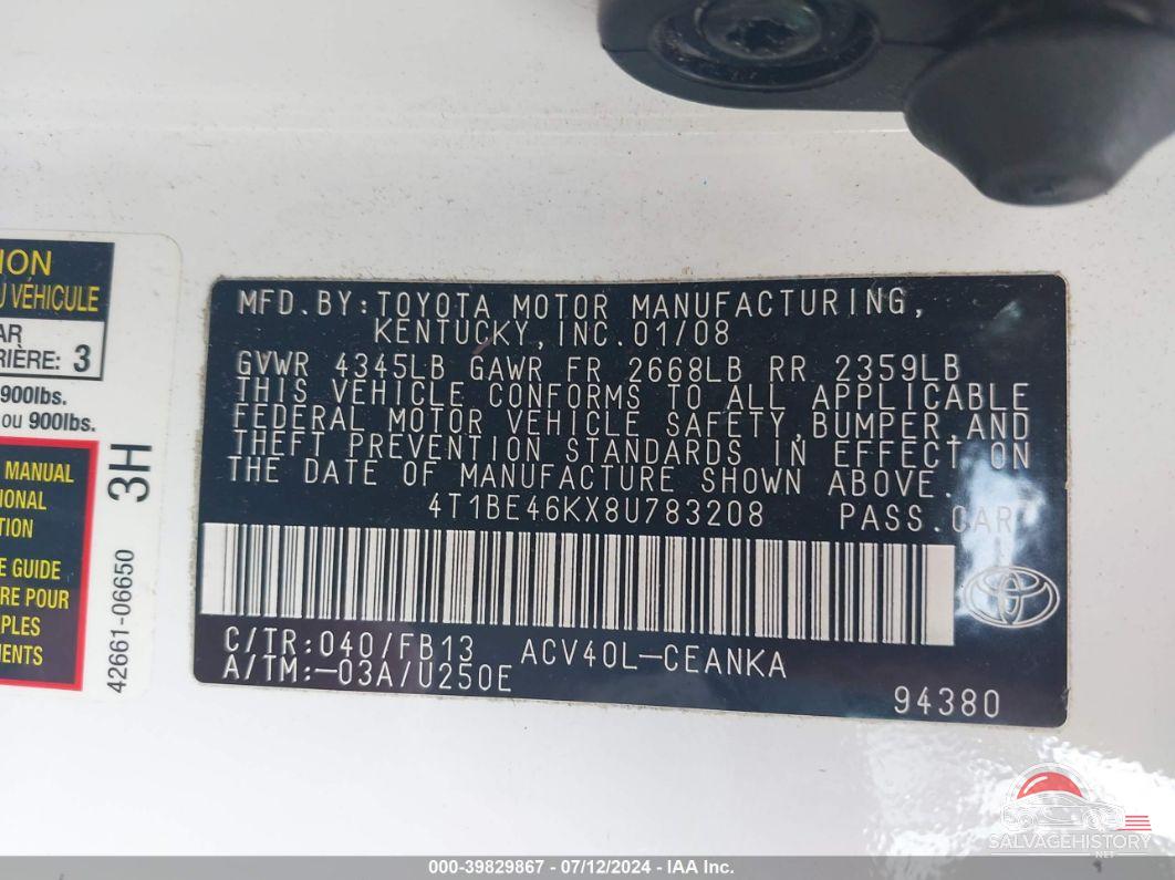 4T1BE46KX8U783208 2008 TOYOTA CAMRY photo no. 9