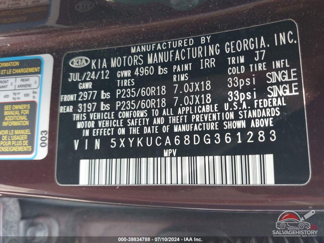 5XYKUCA68DG361283 2013 KIA SORENTO photo no. 9