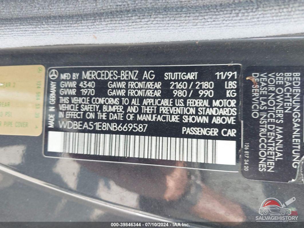 WDBEA51E8NB669587 1992 MERCEDES-BENZ 300 photo no. 9