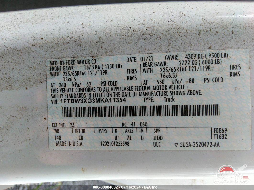 1FTBW3XG3MKA11354 2021 FORD TRANSIT photo no. 9