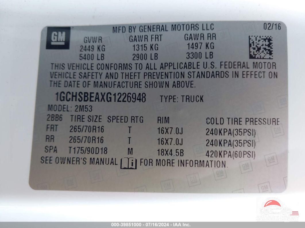 1GCHSBEAXG1226948 2016 CHEVROLET COLORADO photo no. 9