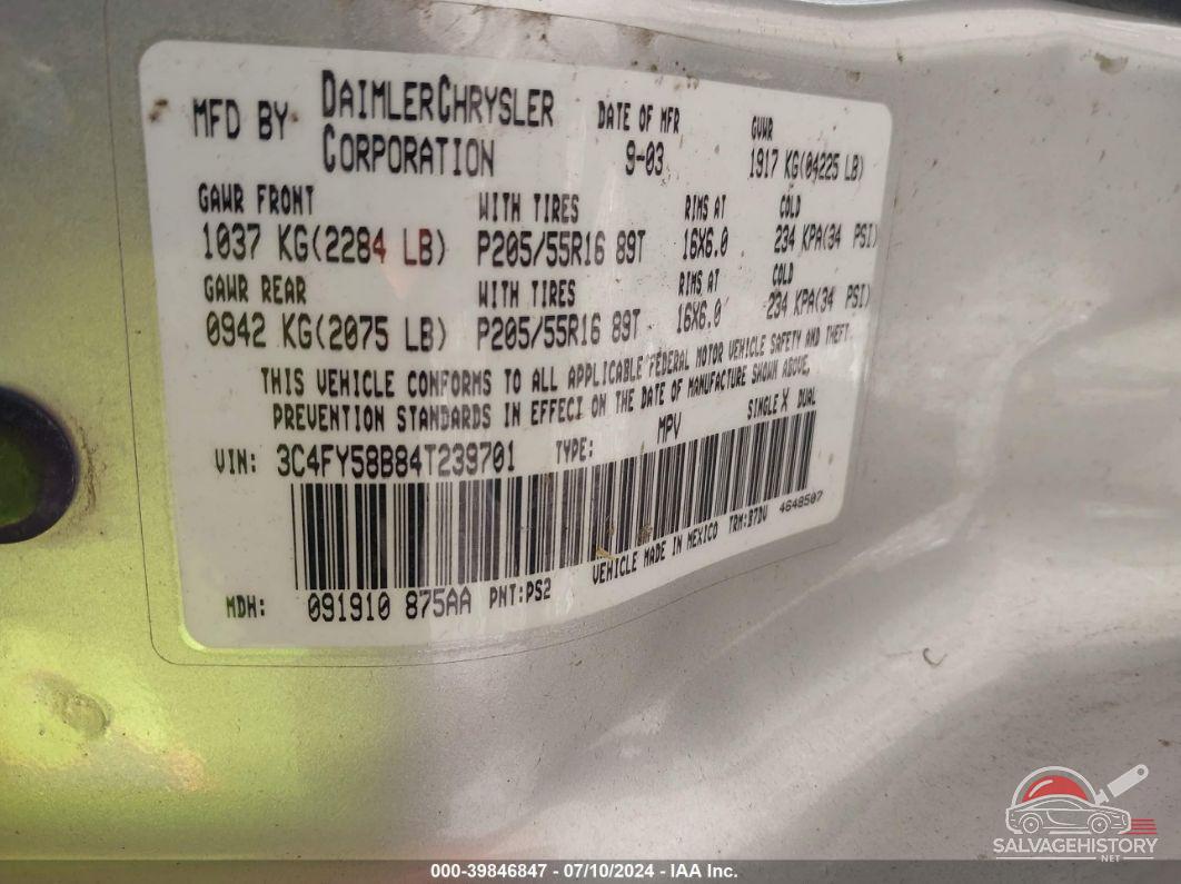3C4FY58B84T239701 2004 CHRYSLER PT CRUISER photo no. 9
