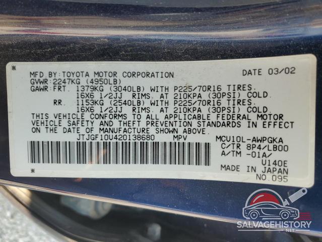 JTJGF10U420138680 2002 LEXUS RX300 photo no. 13