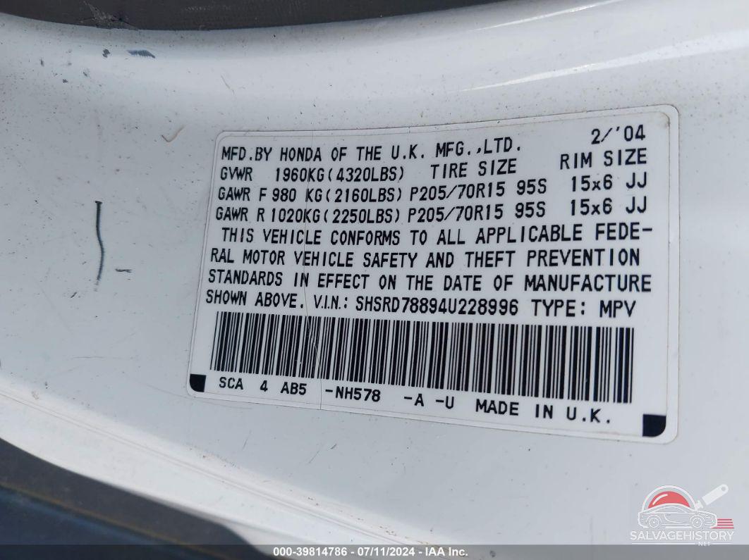 SHSRD78894U228996 2004 HONDA CR-V photo no. 9