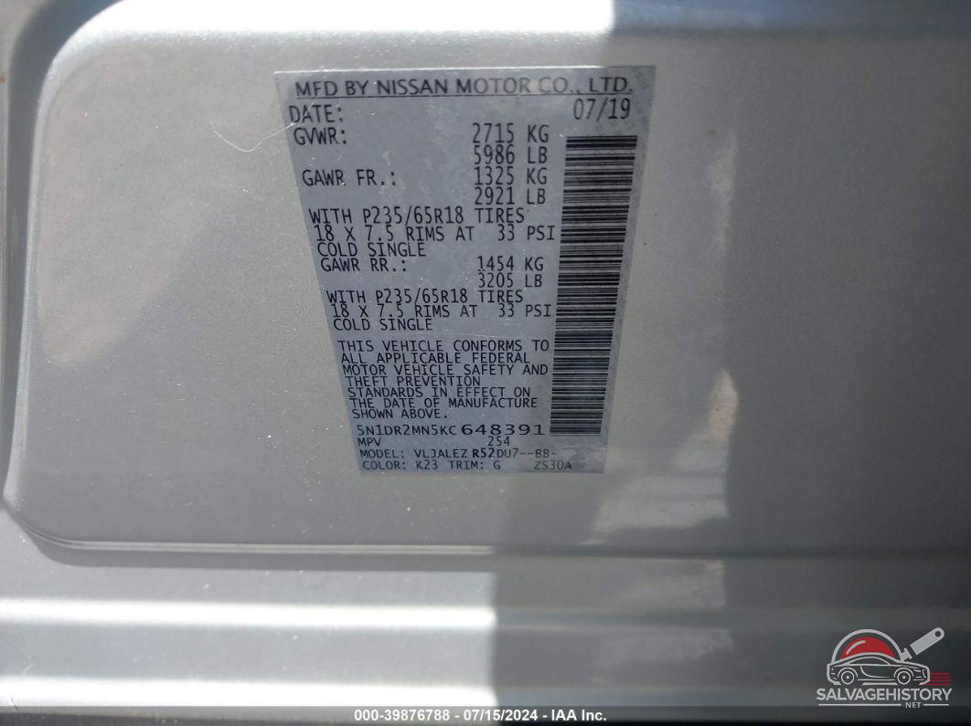 5N1DR2MN5KC648391 2019 NISSAN PATHFINDER photo no. 9