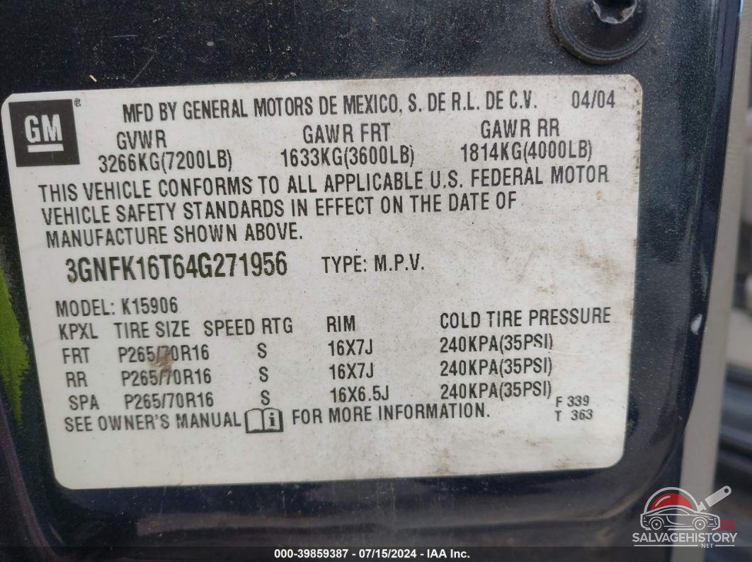 3GNFK16T64G271956 2004 CHEVROLET SUBURBAN 1500 photo no. 9