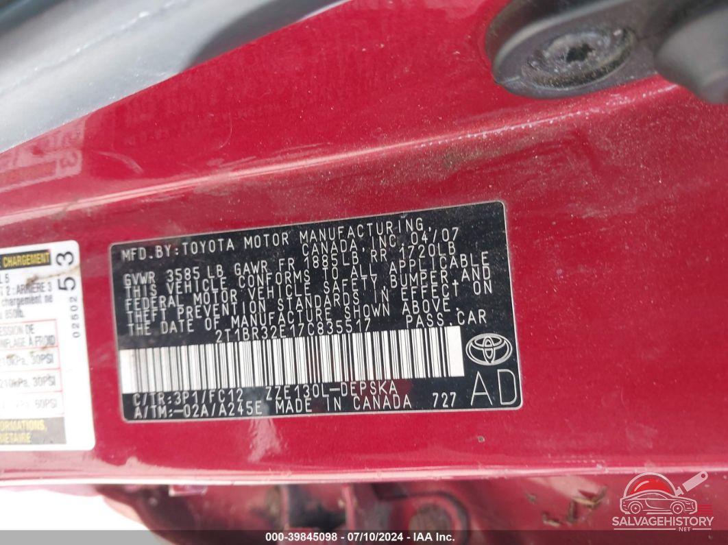 2T1BR32E17C835517 2007 TOYOTA COROLLA photo no. 9