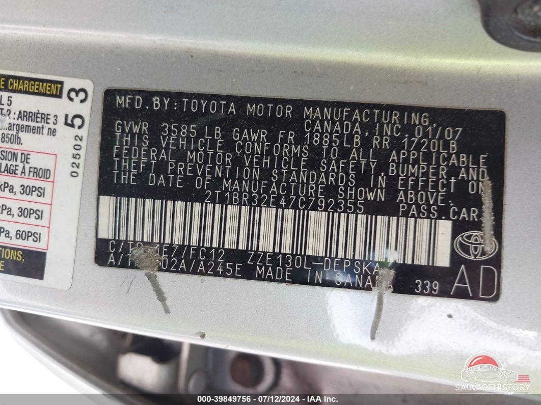 2T1BR32E47C792355 2007 TOYOTA COROLLA photo no. 9