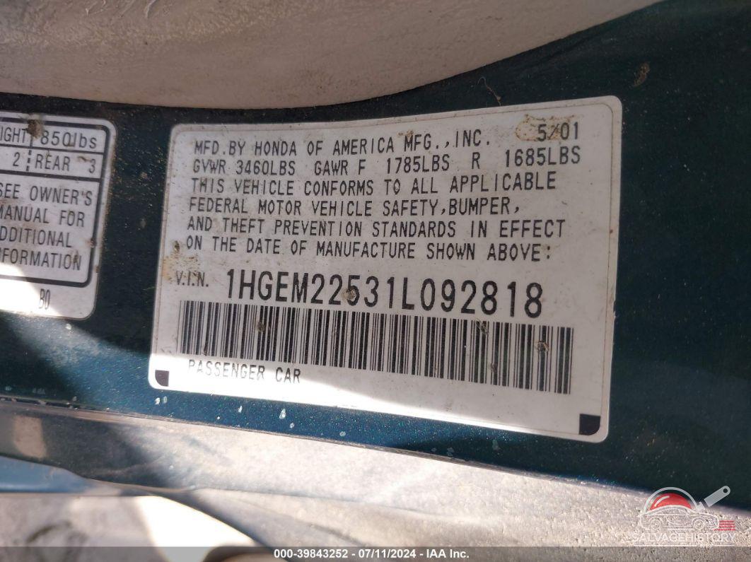 1HGEM22531L092818 2001 HONDA CIVIC photo no. 9
