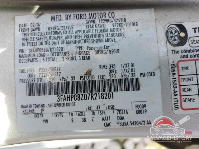 3FAHP08Z07R218201 2007 FORD FUSION photo no. 12