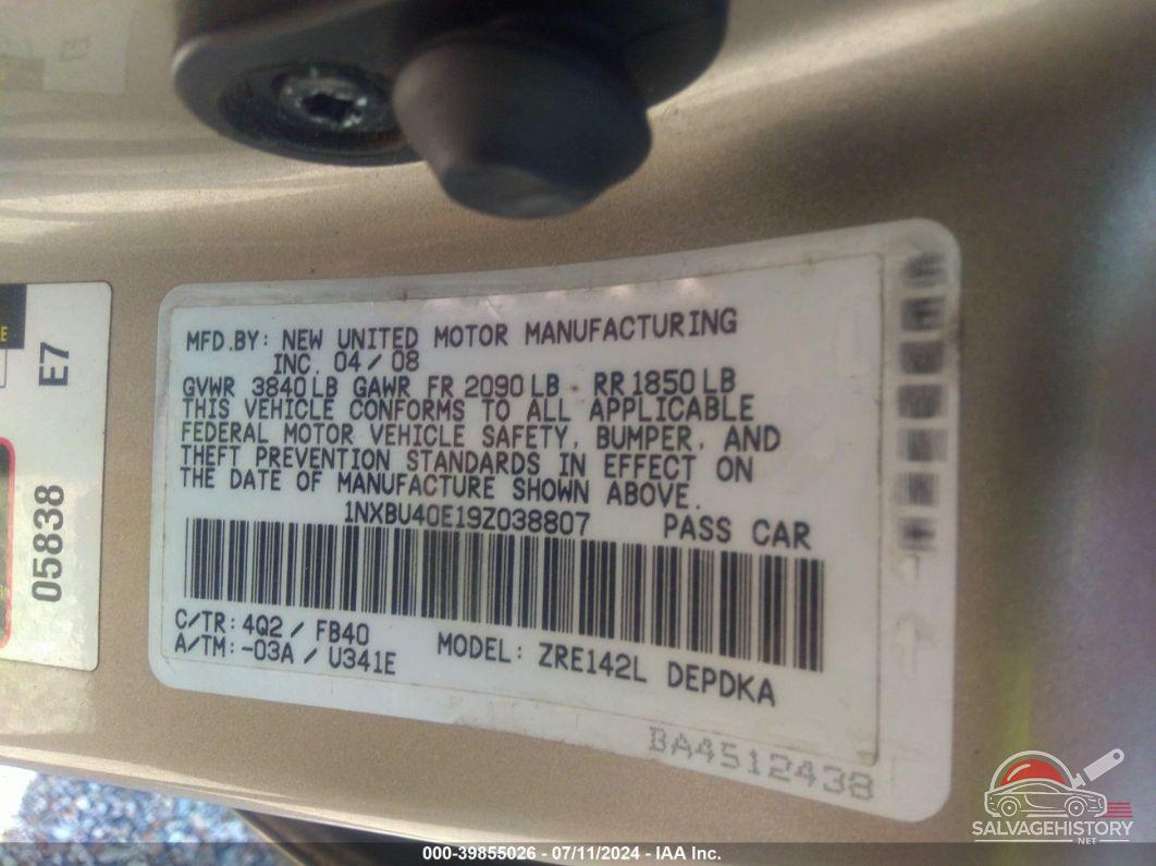 1NXBU40E19Z038807 2009 TOYOTA COROLLA photo no. 9