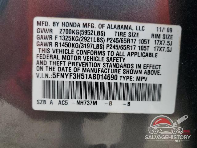5FNYF3H51AB014690 2010 HONDA PILOT photo no. 14