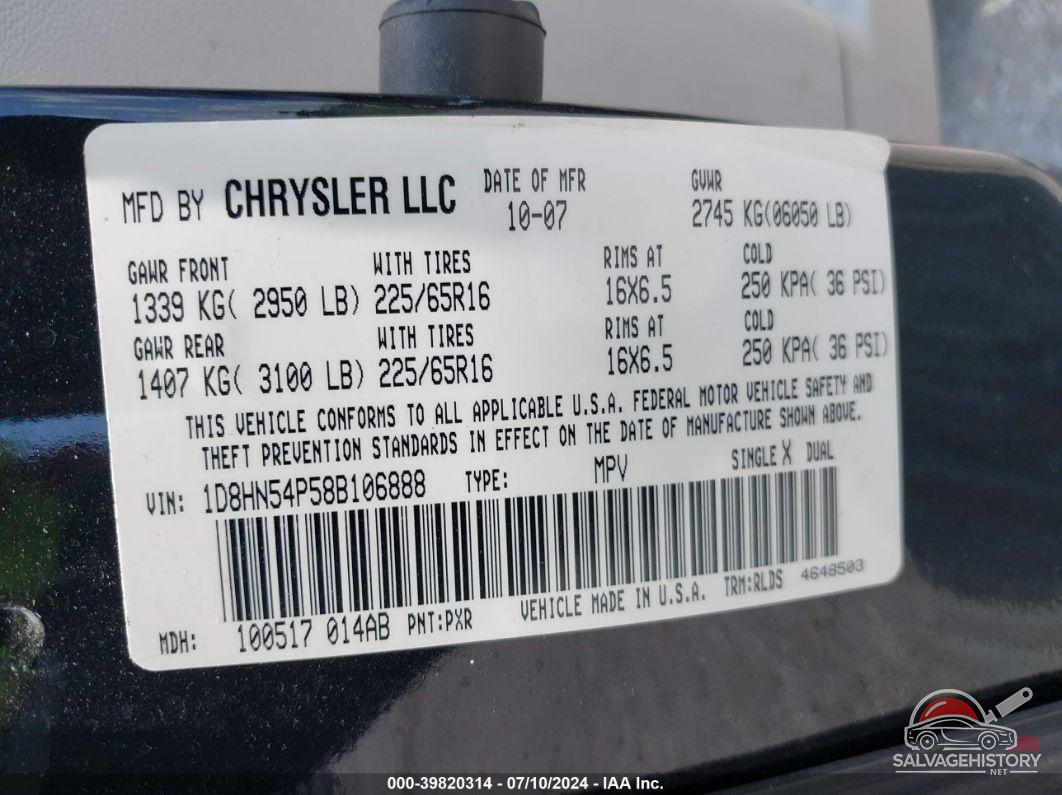 1D8HN54P58B106888 2008 DODGE GRAND CARAVAN photo no. 9
