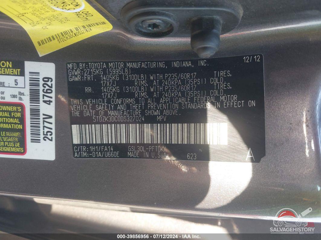 5TDZK3DC0DS327024 2013 TOYOTA SIENNA photo no. 9