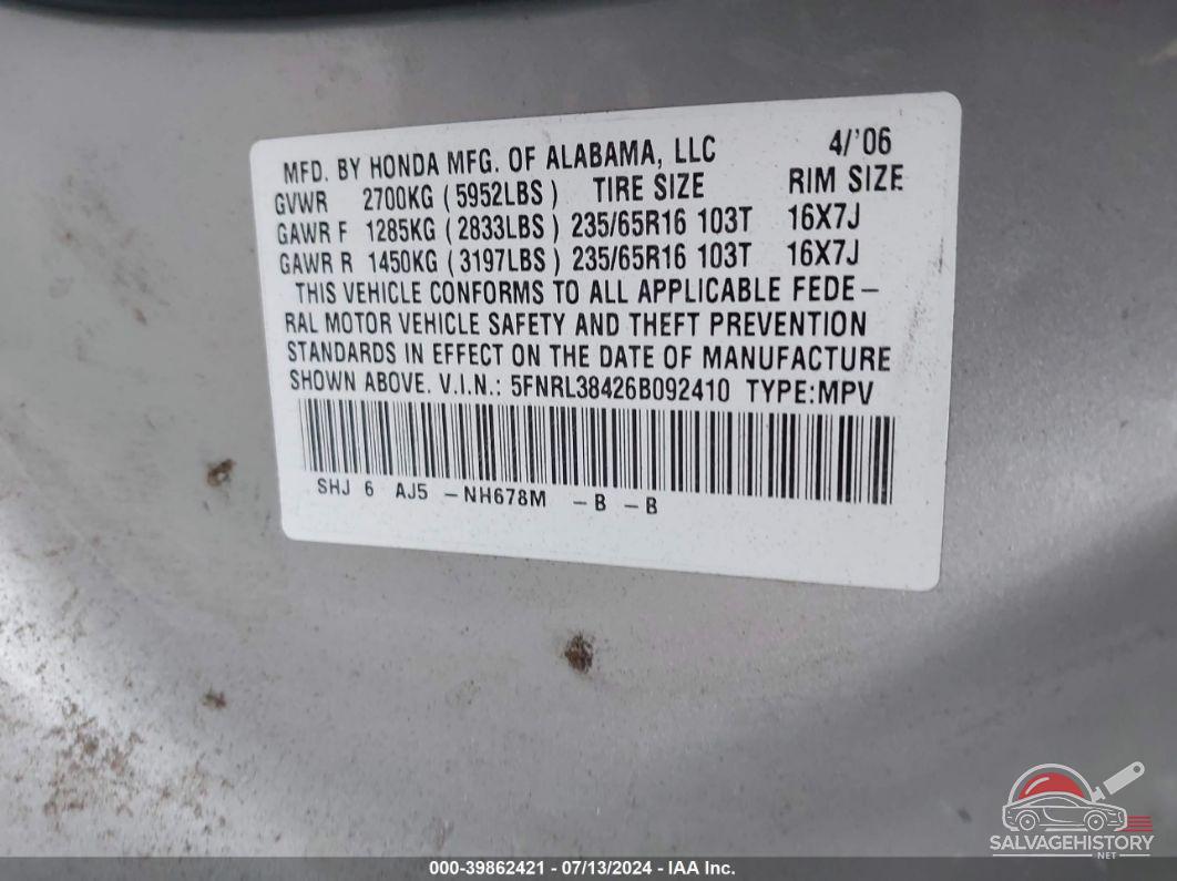 5FNRL38426B092410 2006 HONDA ODYSSEY photo no. 9